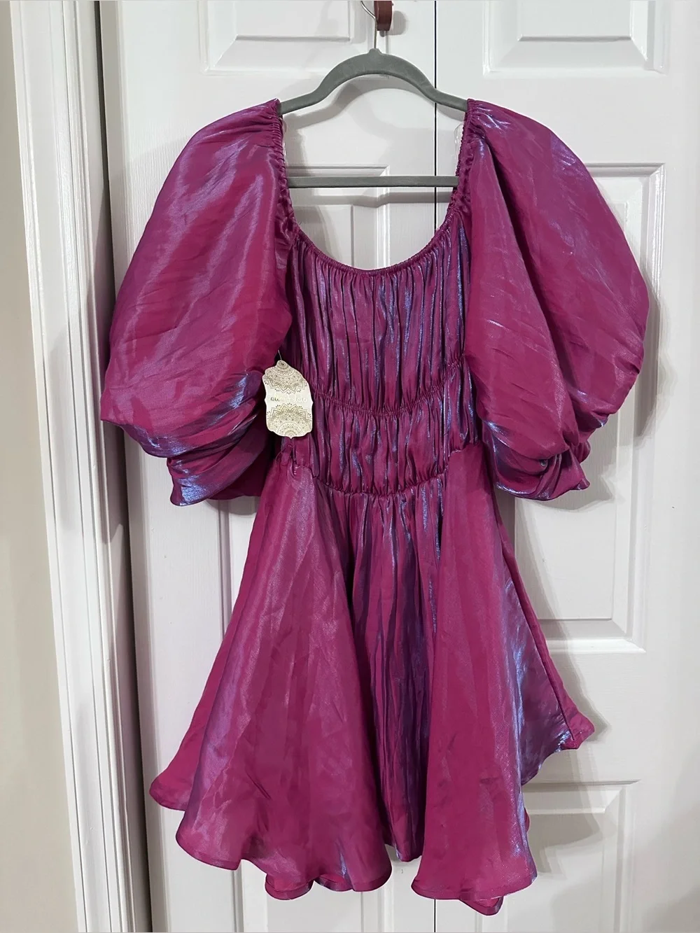 Altar'd State Shimmery Fuchsia Mini Dress with Puff Sleeves - Picture 5 of 5